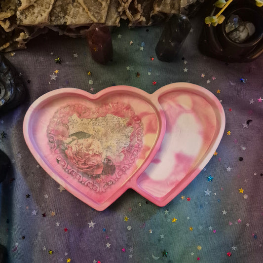 Vintage Rose Dual Heart Trinket Tray