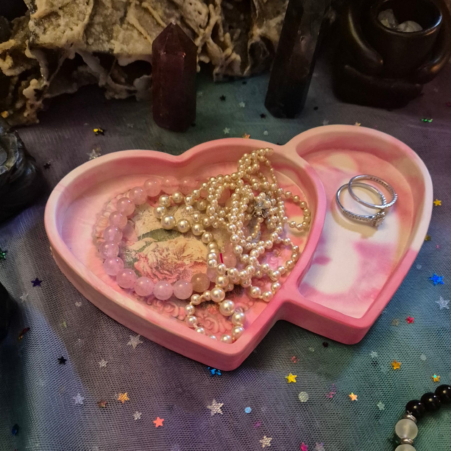 Vintage Rose Dual Heart Trinket Tray