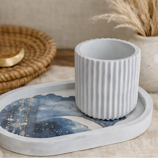 Blue tray and Ribbed Round Storage Pot Set